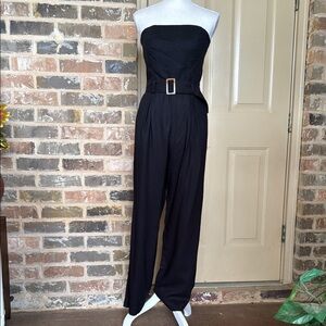 Monteau Black Strapless Jumpsuit Belted Linen Blend Wide-Leg Palazzo Style Sz M
